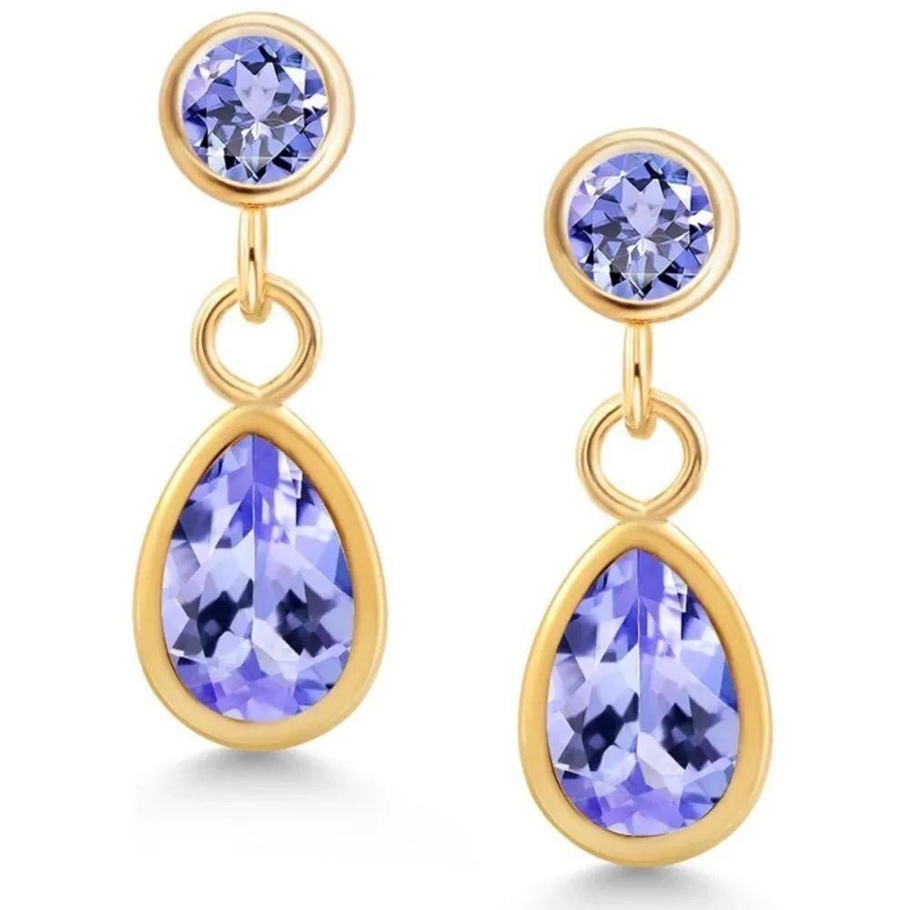 14K Yellow Gold with 1.19 Cttw Blue Tanzanite Dangling Post Back Drop Earrings